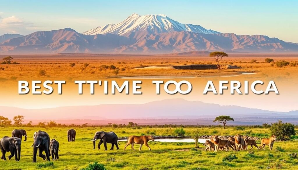 A vibrant landscape depicting the best time to visit Africa, showcasing the continent's diverse wildlife and stunning natural beauty. In the foreground, a herd of elephants gracefully roams through a lush, verdant savanna, their gentle movements captured in a warm, golden light. The middle ground features a picturesque watering hole, where a pride of lions basks in the afternoon sun, their tawny coats shimmering. In the background, a majestic mountain range rises, its snow-capped peaks reflecting the changing seasons. The overall scene conveys a sense of tranquility and harmony, inviting the viewer to immerse themselves in the captivating rhythms of Africa.