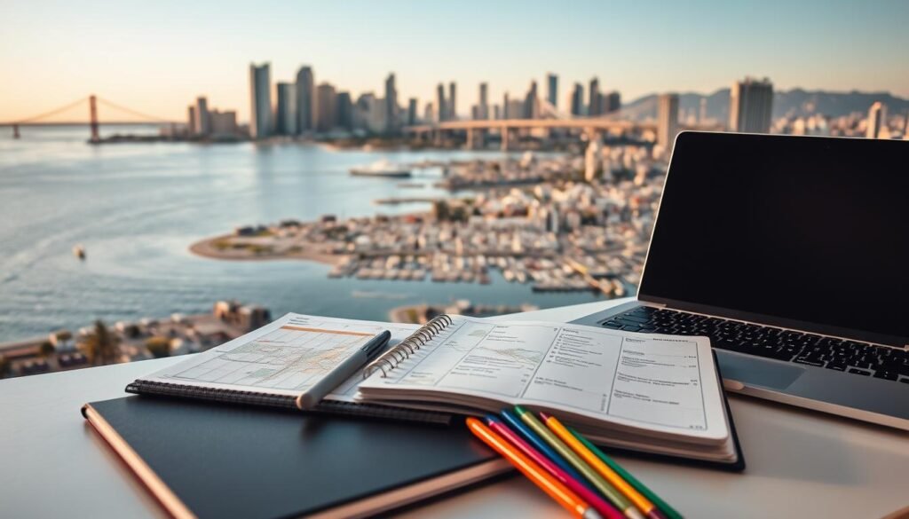 A vibrant, modern cityscape of San Diego's skyline, with the iconic Coronado Bridge stretching across the sparkling waters of the harbor. In the foreground, a neatly organized desk with a laptop, planner, and colored pens, reflecting the planning and preparation for a weekend getaway. The middle ground showcases a map of the city, highlighting key landmarks and neighborhoods, while the background features a warm, golden sunset casting a serene glow over the urban landscape. The overall mood evokes a sense of productivity, exploration, and a balanced lifestyle in this dynamic coastal city.