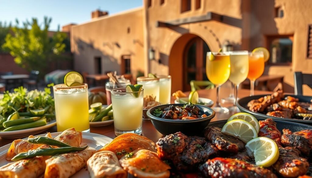 A vibrant, mouthwatering scene of iconic Santa Fe cuisine. In the foreground, a selection of regional specialties - green chile enchiladas, stuffed sopaipillas, and a sizzling steak fajita platter, all artfully plated. The middle ground features a pitcher of freshly muddled margaritas and an array of craft cocktails, garnished with lime wedges and salt rims. In the background, a rustic adobe hacienda with traditional architectural details, bathed in warm, golden afternoon light. The atmosphere is lively, inviting, and evocative of Santa Fe's rich culinary heritage.