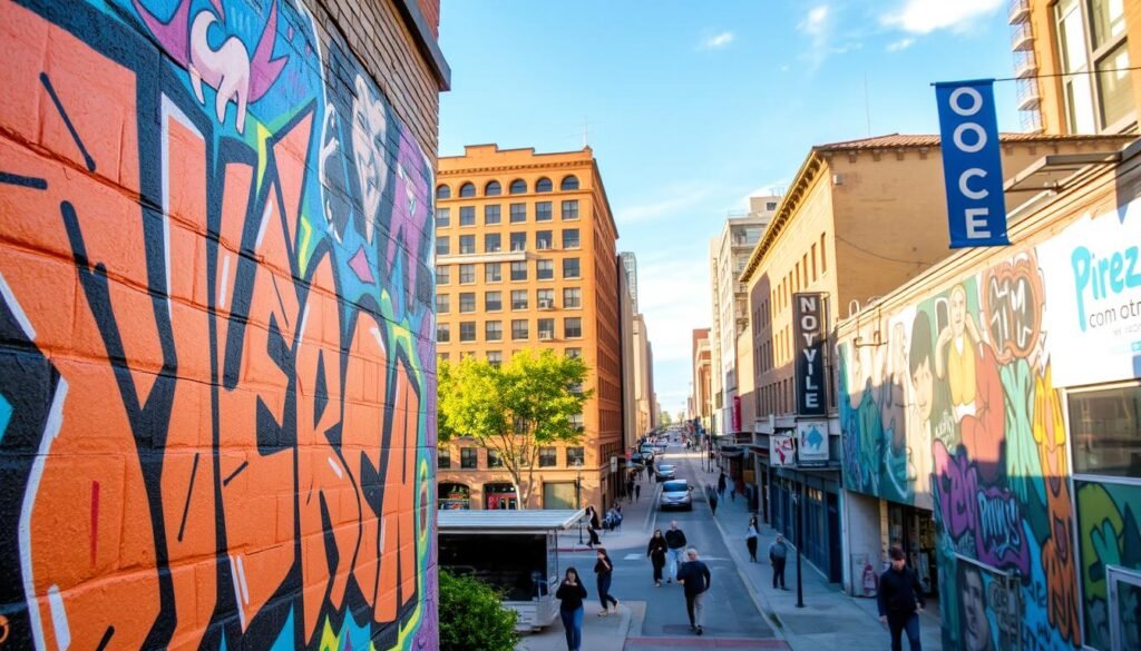 A vibrant mural adorns the walls of an alley in downtown Oklahoma City, its colorful brushstrokes dancing under the warm afternoon sun. In the foreground, a dynamic graffiti-style composition features abstract shapes and figures, their energy and movement captivating the viewer. The middle ground reveals a bustling street scene, pedestrians and vehicles adding a sense of life and activity to the urban landscape. In the background, the iconic architecture of OKC's historic buildings frames the scene, their weathered facades providing a natural canvas for the city's thriving street art community. The overall atmosphere is one of creativity, energy, and the celebration of local culture, inviting the viewer to immerse themselves in the colorful and dynamic world of OKC's street art.