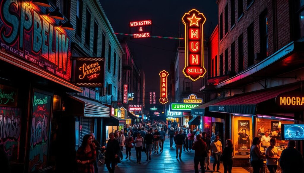 A vibrant, neon-lit street in Deep Ellum, Dallas, with a lively atmosphere of urban art, live music, and late-night energy. The foreground features colorful murals, graffiti, and eclectic storefronts, drawing the eye. In the middle ground, crowds of people spill out of bustling music venues, their silhouettes illuminated by the warm glow of stage lights. The background showcases the distinctive architecture of the district, with brick buildings and vintage neon signs casting a moody ambiance over the scene. The lighting is a balanced mix of natural and artificial sources, creating a dynamic, cinematic effect. The overall composition captures the unique character and energy of this iconic Dallas neighborhood. A vibrant, neon-lit street in Deep Ellum, Dallas, with a lively atmosphere of urban art, live music, and late-night energy. The foreground features colorful murals, graffiti, and eclectic storefronts, drawing the eye. In the middle ground, crowds of people spill out of bustling music venues, their silhouettes illuminated by the warm glow of stage lights. The background showcases the distinctive architecture of the district, with brick buildings and vintage neon signs casting a moody ambiance over the scene. The lighting is a balanced mix of natural and artificial sources, creating a dynamic, cinematic effect. The overall composition captures the unique character and energy of this iconic Dallas neighborhood.