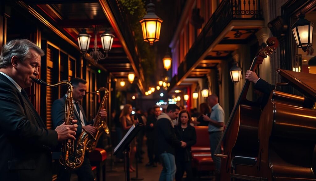 A vibrant night scene in the heart of New Orleans, Louisiana. The foreground features a jazz quartet playing soulful melodies on saxophone, trumpet, piano, and upright bass, their expressions animated as they immerse themselves in the music. The middle ground showcases a dimly lit jazz club, with patrons tapping their feet and swaying to the infectious rhythms. In the background, the iconic streetlamps of the French Quarter cast a warm, golden glow, illuminating the historic architecture and setting the stage for an unforgettable night of music and culture. Soft shadows and highlights add depth and drama, while the overall composition captures the lively, spontaneous spirit of New Orleans' thriving music scene.