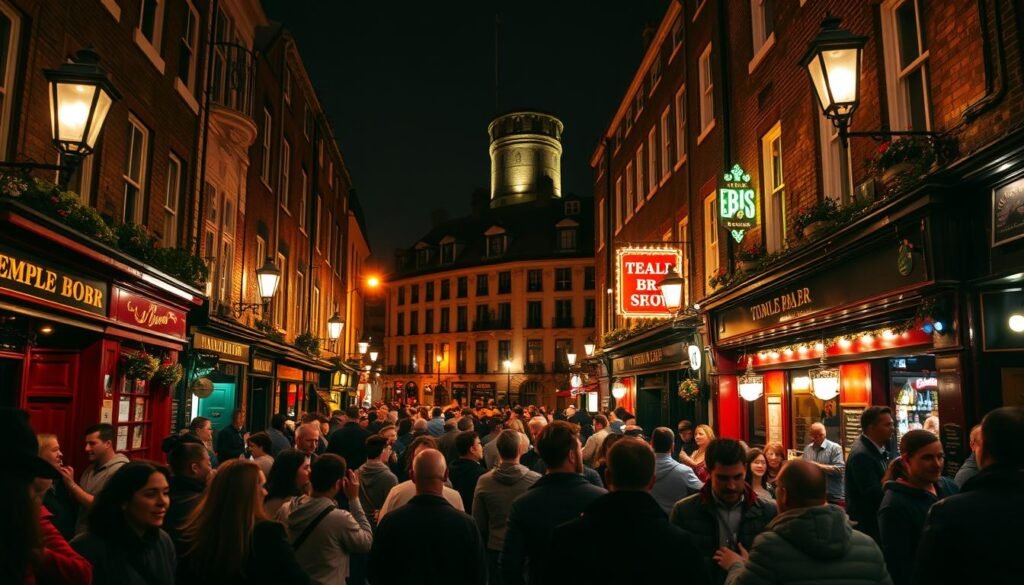 A vibrant nighttime scene of Temple Bar, Dublin's iconic neighborhood, illuminated by the warm glow of pub signs and street lamps. In the foreground, a crowd of people spill out from the lively pubs, their laughter and music filling the air. In the middle ground, the historic cobblestone streets and colorful buildings create a captivating, traditional Irish atmosphere. In the background, the silhouettes of traditional Georgian architecture loom, adding a sense of timeless charm. The scene is captured with a wide-angle lens, emphasizing the energy and bustling atmosphere of this celebrated cultural hub.