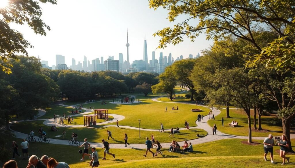 A vibrant outdoor activities park nestled in a verdant urban setting. In the foreground, a bustling scene of families and friends engaging in a variety of recreational pursuits - jogging, cycling, roller skating, and picnicking under the dappled sunlight filtered through lush trees. The middle ground features an expansive grassy lawn dotted with playgrounds, exercise equipment, and walking trails winding through the landscape. In the background, the skyline of a modern city skyline rises, creating a dynamic contrast between the natural and built environments. The lighting is warm and inviting, conveying a sense of energy, movement, and community. A vibrant outdoor activities park nestled in a verdant urban setting. In the foreground, a bustling scene of families and friends engaging in a variety of recreational pursuits - jogging, cycling, roller skating, and picnicking under the dappled sunlight filtered through lush trees. The middle ground features an expansive grassy lawn dotted with playgrounds, exercise equipment, and walking trails winding through the landscape. In the background, the skyline of a modern city skyline rises, creating a dynamic contrast between the natural and built environments. The lighting is warm and inviting, conveying a sense of energy, movement, and community.