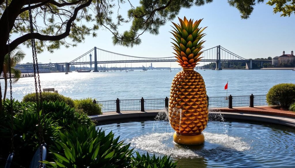 A vibrant pineapple-shaped fountain cascades into the serene waters of Charleston Harbor, its golden form glinting in the afternoon sunlight. In the foreground, lush greenery and shady swings invite visitors to relax and take in the picturesque scene. The middle ground features the historic harbor, with sailboats and yachts dotting the glistening surface. In the background, the iconic Arthur Ravenel Jr. Bridge stretches across the inlet, its graceful arches framing the view. The overall atmosphere is one of tranquility and charm, capturing the essence of Charleston's renowned Waterfront Park.