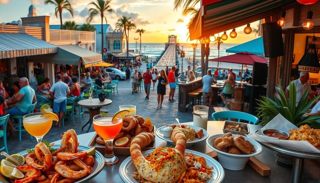 A vibrant scene of Cocoa Beach's lively food and music culture. In the foreground, an array of delectable local dishes - fresh seafood, tropical cocktails, and mouthwatering desserts. Patrons gather at cozy outdoor tables, enjoying the balmy seaside breeze and the soulful rhythms of a live band performing on a small stage nearby. The middle ground features a bustling boardwalk lined with trendy eateries, energetic bars, and vibrant street performers. In the background, the iconic Cocoa Beach Pier stretches out into the sparkling Atlantic Ocean, framed by a warm, golden sunset. The overall atmosphere is one of relaxation, indulgence, and the celebration of the coastal Florida lifestyle. A vibrant scene of Cocoa Beach's lively food and music culture. In the foreground, an array of delectable local dishes - fresh seafood, tropical cocktails, and mouthwatering desserts. Patrons gather at cozy outdoor tables, enjoying the balmy seaside breeze and the soulful rhythms of a live band performing on a small stage nearby. The middle ground features a bustling boardwalk lined with trendy eateries, energetic bars, and vibrant street performers. In the background, the iconic Cocoa Beach Pier stretches out into the sparkling Atlantic Ocean, framed by a warm, golden sunset. The overall atmosphere is one of relaxation, indulgence, and the celebration of the coastal Florida lifestyle.
