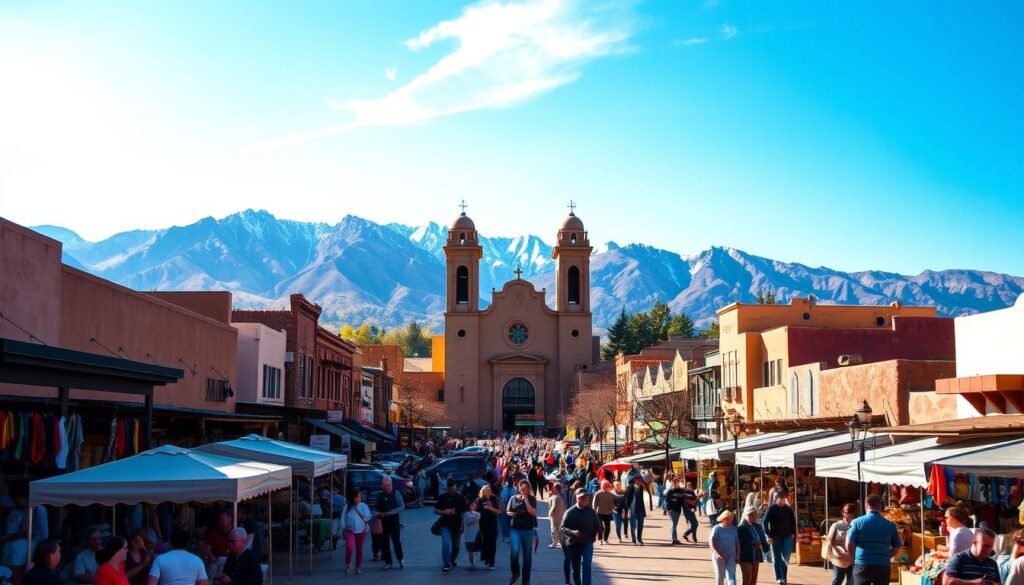A vibrant scene of Downtown Santa Fe, New Mexico, bathed in warm afternoon light. In the foreground, a bustling plaza lined with adobe-style buildings, their distinctive architecture and earthy hues creating a timeless aesthetic. Vendors and artisans showcase their wares, their colorful displays drawing in a lively crowd of locals and tourists. In the middle ground, the iconic St. Francis Cathedral rises majestically, its twin bell towers and striking facade standing as a testament to the city's rich history. Framing the scene, the backdrop features the rugged Sangre de Cristo mountains, their snow-capped peaks casting a serene and awe-inspiring presence. An atmospheric, photogenic depiction of the historic heart of Santa Fe. A vibrant scene of Downtown Santa Fe, New Mexico, bathed in warm afternoon light. In the foreground, a bustling plaza lined with adobe-style buildings, their distinctive architecture and earthy hues creating a timeless aesthetic. Vendors and artisans showcase their wares, their colorful displays drawing in a lively crowd of locals and tourists. In the middle ground, the iconic St. Francis Cathedral rises majestically, its twin bell towers and striking facade standing as a testament to the city's rich history. Framing the scene, the backdrop features the rugged Sangre de Cristo mountains, their snow-capped peaks casting a serene and awe-inspiring presence. An atmospheric, photogenic depiction of the historic heart of Santa Fe.