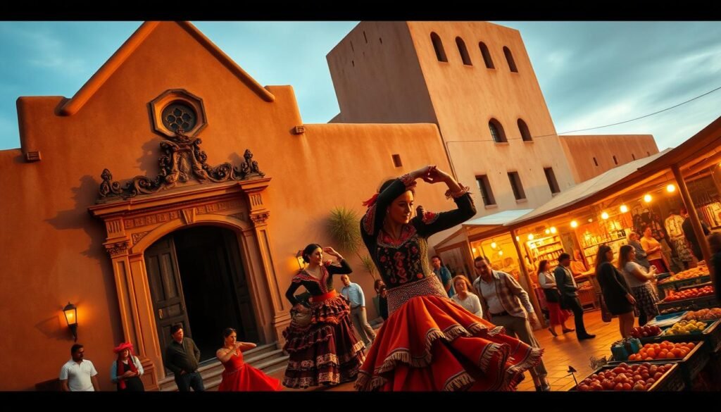 A vibrant scene of Santa Fe's unique cultural tapestry. In the foreground, the intricate details of a historic adobe church, its earthy tones and ornate architecture reflecting the local style. In the middle ground, a lively flamenco performance, the dancers' passionate movements and colorful costumes capturing the rhythm of the city. In the background, a bustling marketplace, filled with artisanal crafts, local produce, and the lively interactions of the community. Warm, diffused lighting casts a golden glow, evoking the Southwest's enchanting atmosphere. A cinematic, wide-angle lens captures the scale and energy of this "Only-in-Santa-Fe" experience. A vibrant scene of Santa Fe's unique cultural tapestry. In the foreground, the intricate details of a historic adobe church, its earthy tones and ornate architecture reflecting the local style. In the middle ground, a lively flamenco performance, the dancers' passionate movements and colorful costumes capturing the rhythm of the city. In the background, a bustling marketplace, filled with artisanal crafts, local produce, and the lively interactions of the community. Warm, diffused lighting casts a golden glow, evoking the Southwest's enchanting atmosphere. A cinematic, wide-angle lens captures the scale and energy of this "Only-in-Santa-Fe" experience.