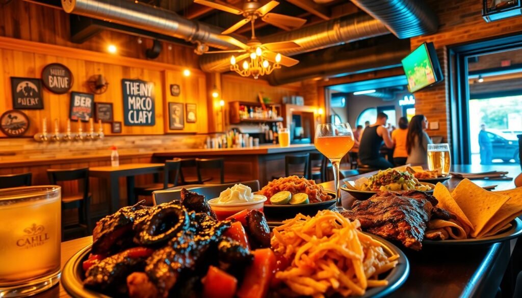 A vibrant scene of a cozy Tex-Mex and BBQ dining establishment, bathed in warm, inviting lighting. In the foreground, a table overflows with sizzling fajitas, tender brisket, and tantalizing sides like queso, guacamole, and pico de gallo. The middle ground showcases a lively bar area with craft cocktails and taps pouring local beers. In the background, rustic wood paneling, exposed brick, and Mexican-inspired decor create a lively, authentic atmosphere. The overall mood is one of convivial celebration, where locals and visitors alike indulge in the flavorful delights of Dallas' celebrated dining scene. A vibrant scene of a cozy Tex-Mex and BBQ dining establishment, bathed in warm, inviting lighting. In the foreground, a table overflows with sizzling fajitas, tender brisket, and tantalizing sides like queso, guacamole, and pico de gallo. The middle ground showcases a lively bar area with craft cocktails and taps pouring local beers. In the background, rustic wood paneling, exposed brick, and Mexican-inspired decor create a lively, authentic atmosphere. The overall mood is one of convivial celebration, where locals and visitors alike indulge in the flavorful delights of Dallas' celebrated dining scene.