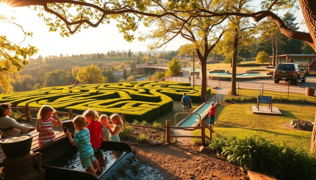 A vibrant scene of family fun at Beavers Bend, Oklahoma. In the foreground, children eagerly explore a rustic mining sluice, panning for hidden treasures. In the middle ground, a lush, whimsical maze beckons, its winding paths and towering hedges inviting playful discovery. Beyond, a classic mini-golf course winds through a charming, picturesque landscape, with rolling hills, towering pines, and a tranquil river in the distance. Warm, golden sunlight filters through the trees, casting a soft, welcoming glow over the entire scene. The atmosphere is one of carefree joy and wholesome family adventure, perfectly capturing the spirit of Beavers Bend as a premier destination for outdoor recreation and quality time together.