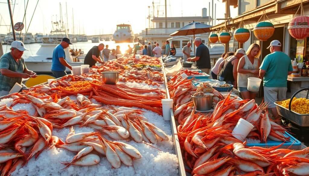 A vibrant seafood market in the heart of Panama City, Florida, bathed in warm, golden sunlight. Rows of fresh catch including plump shrimp, glistening red snapper, and succulent crab claws displayed on crushed ice. Fishermen unload their daily haul as locals browse the stalls, selecting the finest ingredients for their signature seafood dishes. The air is alive with the salty scent of the ocean, mingled with the aroma of sizzling grilled fish and tangy citrus. In the distance, a quaint waterfront restaurant serves up hearty portions of local specialties like Cajun-spiced grouper and creamy seafood chowder, the perfect lunch spot to experience the authentic flavors of this coastal city.