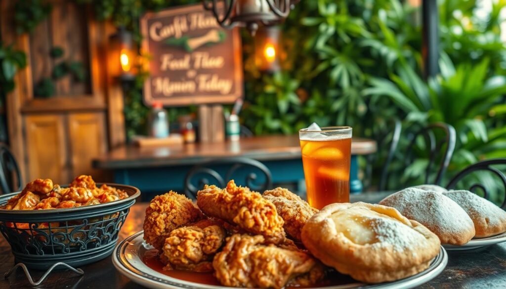 A vibrant still life capturing the essence of New Orleans' renowned cuisine. In the foreground, a sumptuous array of Cajun and Creole delicacies - steaming jambalaya, crispy fried chicken, flaky beignets dusted with powdered sugar, and a tall glass of refreshing iced tea. The middle ground features a vintage-inspired setting, with a weathered wooden table, wrought-iron accents, and a lush, verdant backdrop reminiscent of the city's lush, subtropical ambiance. Warm, golden lighting casts a soft, inviting glow, conveying the convivial, laid-back atmosphere of a New Orleans eatery. The overall composition evokes the city's rich cultural heritage, mouthwatering flavors, and the celebratory spirit that permeates every aspect of the New Orleans experience.
