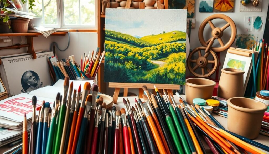 A vibrant still life showcasing an array of artistic materials and tools. In the foreground, a collection of paintbrushes, palette knives, and tubes of acrylic paint in a rainbow of hues. In the middle ground, an easel supports a half-finished canvas, the brushstrokes capturing the essence of a lush, verdant landscape. Surrounding these central elements, an assortment of sketchbooks, colored pencils, and a pottery wheel, all illuminated by soft, natural lighting filtering in from an unseen window. The overall scene exudes a sense of creative energy and inspiration, inviting the viewer to immerse themselves in the joyful process of artistic expression. A vibrant still life showcasing an array of artistic materials and tools. In the foreground, a collection of paintbrushes, palette knives, and tubes of acrylic paint in a rainbow of hues. In the middle ground, an easel supports a half-finished canvas, the brushstrokes capturing the essence of a lush, verdant landscape. Surrounding these central elements, an assortment of sketchbooks, colored pencils, and a pottery wheel, all illuminated by soft, natural lighting filtering in from an unseen window. The overall scene exudes a sense of creative energy and inspiration, inviting the viewer to immerse themselves in the joyful process of artistic expression.