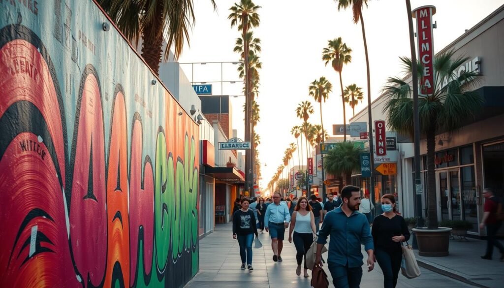 A vibrant street scene along Melrose Avenue, Los Angeles. In the foreground, a colorful mural showcases the city's dynamic art scene, with bold brushstrokes and a vibrant palette. In the middle ground, pedestrians stroll by, capturing the energy and liveliness of the neighborhood. The background features a mix of storefronts, vintage signs, and palm trees, creating a quintessential LA backdrop. The lighting is warm and natural, casting a golden glow over the entire scene. The composition captures the essence of Melrose's street art and the allure of the California lifestyle. A vibrant street scene along Melrose Avenue, Los Angeles. In the foreground, a colorful mural showcases the city's dynamic art scene, with bold brushstrokes and a vibrant palette. In the middle ground, pedestrians stroll by, capturing the energy and liveliness of the neighborhood. The background features a mix of storefronts, vintage signs, and palm trees, creating a quintessential LA backdrop. The lighting is warm and natural, casting a golden glow over the entire scene. The composition captures the essence of Melrose's street art and the allure of the California lifestyle.