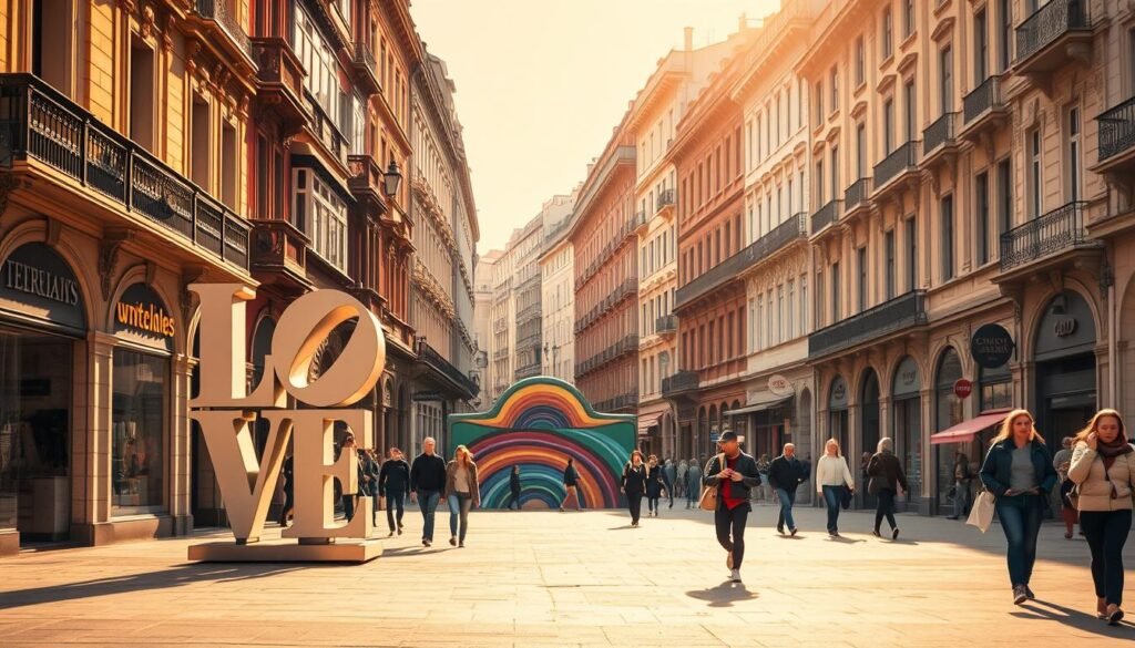 A vibrant street scene in Milan, Italy, bathed in warm, golden light. In the foreground, a hidden gem emerges - Cattelan's iconic sculpture "L.O.V.E.", its sleek, minimalist lines contrasting with the ornate, Art Nouveau-inspired architecture surrounding it. Pedestrians stroll leisurely, admiring the unique facades and boutiques lining the street. In the middle ground, a rainbow-hued mural adorns a wall, adding a playful, whimsical touch to the urban landscape. The background is filled with a tapestry of historic buildings, their facades a mix of intricate details and muted tones, hinting at the city's rich heritage. The overall mood is one of discovery and enchantment, inviting the viewer to explore the hidden gems and captivating stories of this vibrant Milan neighborhood. A vibrant street scene in Milan, Italy, bathed in warm, golden light. In the foreground, a hidden gem emerges - Cattelan's iconic sculpture "L.O.V.E.", its sleek, minimalist lines contrasting with the ornate, Art Nouveau-inspired architecture surrounding it. Pedestrians stroll leisurely, admiring the unique facades and boutiques lining the street. In the middle ground, a rainbow-hued mural adorns a wall, adding a playful, whimsical touch to the urban landscape. The background is filled with a tapestry of historic buildings, their facades a mix of intricate details and muted tones, hinting at the city's rich heritage. The overall mood is one of discovery and enchantment, inviting the viewer to explore the hidden gems and captivating stories of this vibrant Milan neighborhood.