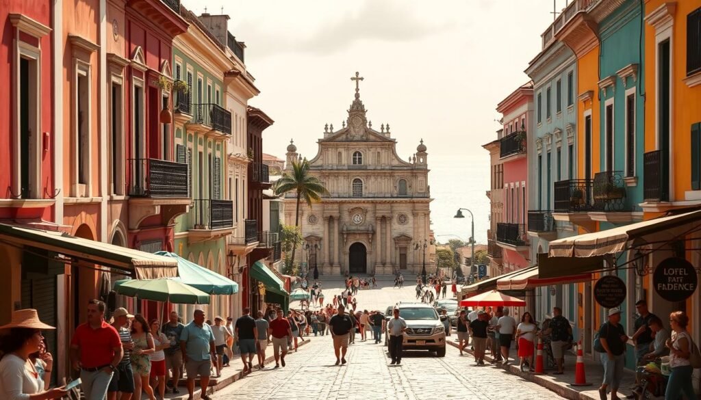 A vibrant street scene in Old San Juan, Puerto Rico, capturing the island's rich cultural heritage. In the foreground, colorful colonial buildings line the cobblestone streets, with locals and tourists mingling amidst lively street vendors and musicians. The middle ground features a central plaza with a grand cathedral, its ornate architecture reflecting the Spanish colonial influence. In the background, the iconic El Morro fortress stands tall, its weathered walls overlooking the sparkling blue waters of the Caribbean Sea. The scene is bathed in warm, golden sunlight, creating a welcoming and inviting atmosphere that embodies the spirit of "La Isla del Encanto" (The Island of Enchantment). A vibrant street scene in Old San Juan, Puerto Rico, capturing the island's rich cultural heritage. In the foreground, colorful colonial buildings line the cobblestone streets, with locals and tourists mingling amidst lively street vendors and musicians. The middle ground features a central plaza with a grand cathedral, its ornate architecture reflecting the Spanish colonial influence. In the background, the iconic El Morro fortress stands tall, its weathered walls overlooking the sparkling blue waters of the Caribbean Sea. The scene is bathed in warm, golden sunlight, creating a welcoming and inviting atmosphere that embodies the spirit of "La Isla del Encanto" (The Island of Enchantment).