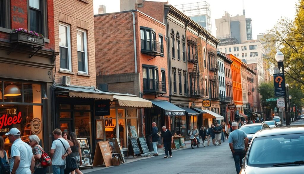 A vibrant street scene in a historic Brooklyn neighborhood, with a row of charming vintage boutiques and specialty shops lining the sidewalks. The foreground is bustling with pedestrians browsing the eclectic window displays, while a mix of classic and modern architectural styles creates a dynamic backdrop. Warm, diffused natural lighting filters through the scene, casting a nostalgic glow and highlighting the curated vintage aesthetic. In the middle ground, a mix of independent retailers and artisanal vendors occupy quaint storefronts, their signs and awnings adding pops of color and character. The background features a mix of brownstones, converted lofts, and other distinctive buildings that give the area its unique, Brooklyn-chic ambiance.
