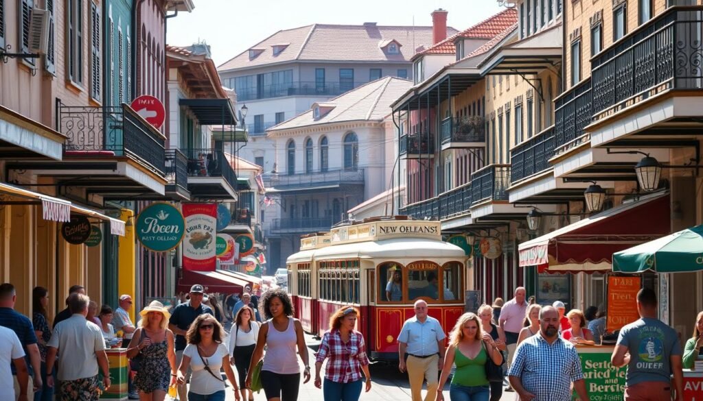 A vibrant street scene in the heart of New Orleans, bathed in warm sunlight. In the foreground, a group of locals and tourists stroll leisurely, immersed in the lively atmosphere. Colorful storefronts, jazz musicians, and delectable food carts line the sidewalks, creating a captivating tableau. In the middle ground, a historic streetcar rumbles by, adding to the city's distinct character. In the background, the iconic architecture of the French Quarter stands tall, with its wrought-iron balconies and terracotta roofs. The overall scene exudes a sense of exploration, discovery, and the quintessential New Orleans experience.