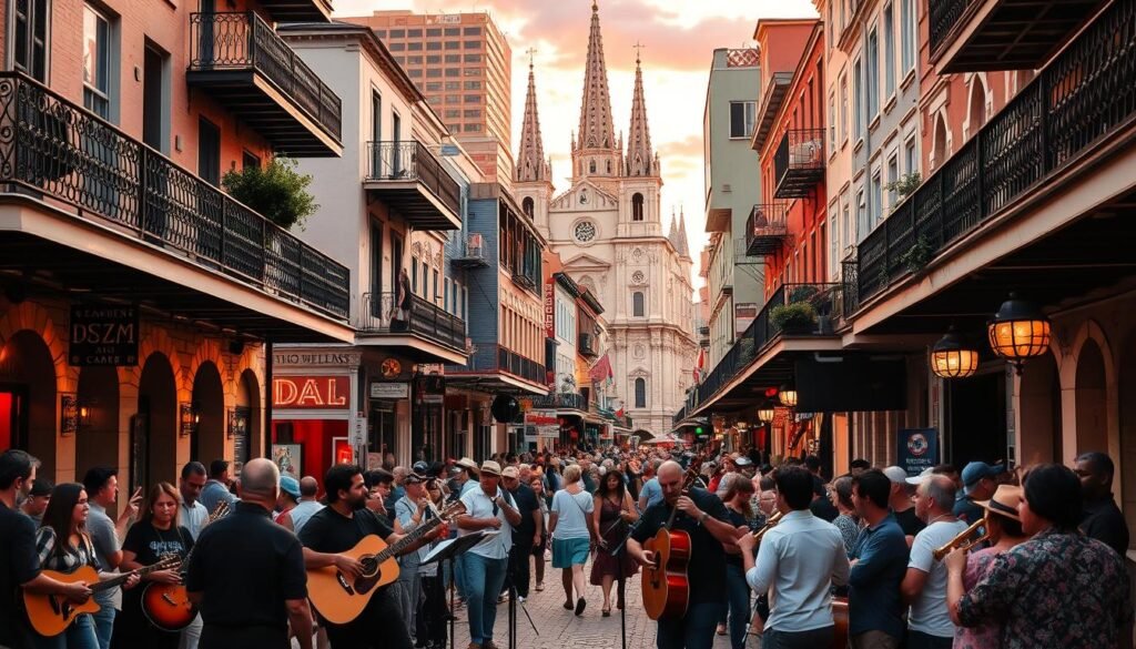 A vibrant street scene in the heart of New Orleans, where the soulful rhythms of jazz, blues, and funk reverberate through the air. Capture the energy of Bourbon Street, with its iconic wrought-iron balconies, neon-lit facades, and lively crowds spilling onto the cobblestone pathways. In the foreground, a group of musicians, each playing their instrument with passion and skill, drawing in a captivated audience. The middle ground showcases the diverse architectural styles of the city, from the ornate Victorian-era buildings to the more modern structures, all bathed in the warm, golden glow of the setting sun. In the background, the iconic St. Louis Cathedral stands tall, a testament to the city's rich history and cultural heritage. Imbue the scene with a sense of energy, vibrancy, and the irresistible allure of New Orleans' legendary music scene.