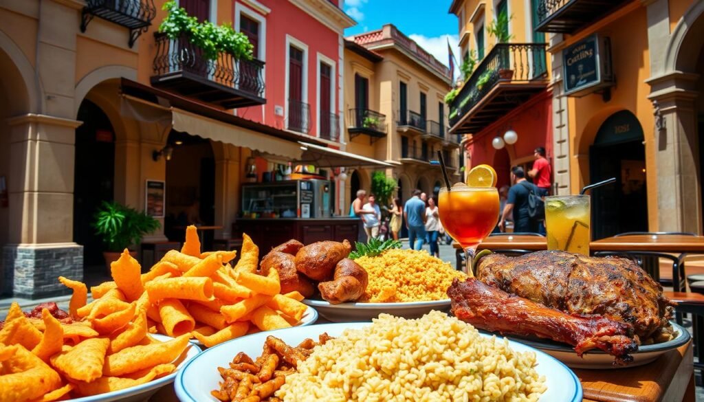 A vibrant street scene in the heart of old San Juan, Puerto Rico. In the foreground, a colorful array of traditional Puerto Rican cuisine - crisp mofongo, juicy roasted pork, and fragrant rice dishes. In the middle ground, a bustling café serving up rich, aromatic coffee drinks and creative cocktails infused with tropical fruits and local spirits. The background features the iconic Spanish colonial architecture, with its warm, sun-dappled facades and wrought-iron balconies. The overall atmosphere is lively, inviting, and quintessentially Puerto Rican, capturing the essence of the island's vibrant food, coffee, and cocktail culture. A vibrant street scene in the heart of old San Juan, Puerto Rico. In the foreground, a colorful array of traditional Puerto Rican cuisine - crisp mofongo, juicy roasted pork, and fragrant rice dishes. In the middle ground, a bustling café serving up rich, aromatic coffee drinks and creative cocktails infused with tropical fruits and local spirits. The background features the iconic Spanish colonial architecture, with its warm, sun-dappled facades and wrought-iron balconies. The overall atmosphere is lively, inviting, and quintessentially Puerto Rican, capturing the essence of the island's vibrant food, coffee, and cocktail culture.