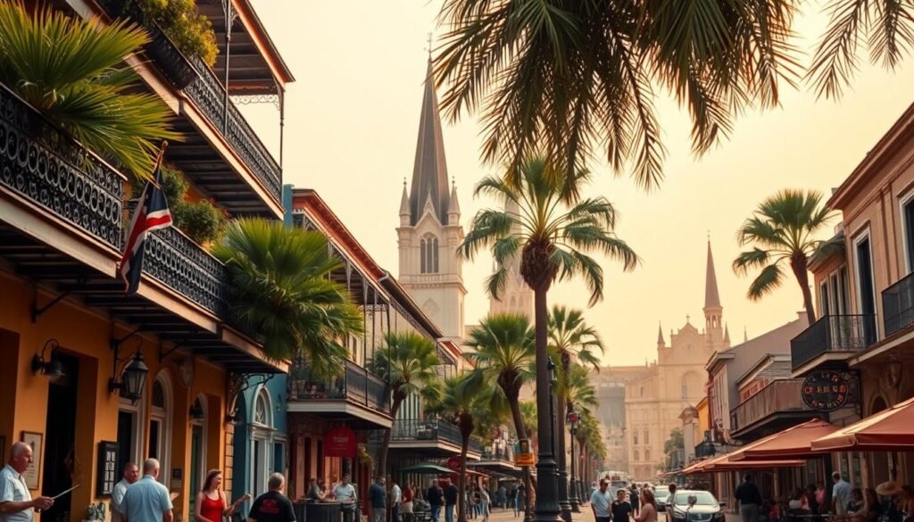 A vibrant street scene in the heart of the French Quarter, New Orleans. Ornate cast-iron balconies and colorful facades line the narrow cobblestone streets, with lush palm trees swaying in the warm breeze. Buskers and street performers enliven the atmosphere, their music echoing through the lively neighborhood. In the foreground, quaint shops and cafes beckon with the aroma of Creole cuisine and the sounds of laughter and conversation. The mid-ground features the iconic St. Louis Cathedral, its towering spires and baroque architecture a testament to the city's rich history. The background is a hazy, golden-hued sky, evoking the sultry, languid charm of the Big Easy.