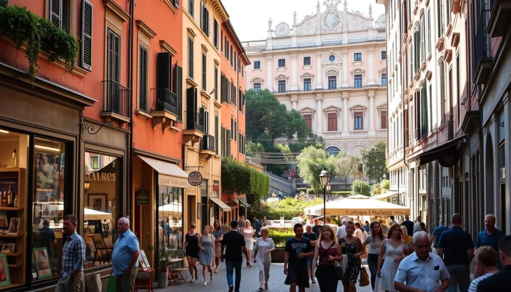 A vibrant street scene in the historic Brera district of Milan, Italy. The foreground is filled with quaint cafés and galleries, their windows adorned with colorful displays. Pedestrians leisurely stroll along the cobblestone paths, admiring the charming architecture and stopping to chat. In the middle ground, sun-dappled alleyways lead to hidden courtyards and lush greenery. The background features the iconic Brera Palace, its ornate façade glowing in the warm afternoon light. The overall atmosphere is one of artistic inspiration, relaxation, and the timeless beauty of this beloved neighborhood. A vibrant street scene in the historic Brera district of Milan, Italy. The foreground is filled with quaint cafés and galleries, their windows adorned with colorful displays. Pedestrians leisurely stroll along the cobblestone paths, admiring the charming architecture and stopping to chat. In the middle ground, sun-dappled alleyways lead to hidden courtyards and lush greenery. The background features the iconic Brera Palace, its ornate façade glowing in the warm afternoon light. The overall atmosphere is one of artistic inspiration, relaxation, and the timeless beauty of this beloved neighborhood.