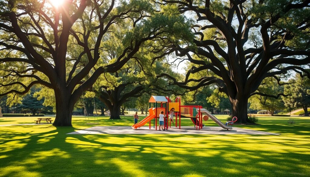 A vibrant, sun-dappled playground nestled in a lush, verdant park. Metallic swings and slides gleam under the warm, golden light, inviting children to play and explore. In the middle ground, a colorful jungle gym stands tall, with kids scrambling up its sturdy frames. Surrounding the playground, mature oak trees cast a gentle, dappled shade, their branches swaying gently in a soft breeze. The park's lush, manicured lawn extends outward, providing ample space for families to picnic, stroll, or simply bask in the serene, peaceful atmosphere. An idyllic, inviting scene that perfectly captures the joy and wonder of outdoor recreation in a tranquil, natural setting.