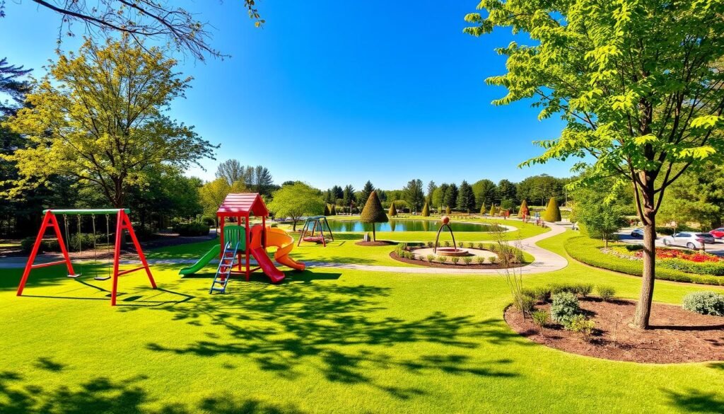 A vibrant, sun-dappled playground set amidst lush, verdant landscaping. In the foreground, a colorful array of modern play equipment - swings, slides, and a towering jungle gym - inviting children to explore and roam. The middle ground features neatly manicured grass and scattered trees, casting soft shadows across the scene. In the distance, a serene pond reflects the azure sky, surrounded by flourishing gardens and whimsical topiaries. The atmosphere is one of joy, discovery, and boundless energy, captured through a wide-angle lens that showcases the vast, welcoming expanse of this idyllic outdoor retreat. A vibrant, sun-dappled playground set amidst lush, verdant landscaping. In the foreground, a colorful array of modern play equipment - swings, slides, and a towering jungle gym - inviting children to explore and roam. The middle ground features neatly manicured grass and scattered trees, casting soft shadows across the scene. In the distance, a serene pond reflects the azure sky, surrounded by flourishing gardens and whimsical topiaries. The atmosphere is one of joy, discovery, and boundless energy, captured through a wide-angle lens that showcases the vast, welcoming expanse of this idyllic outdoor retreat.