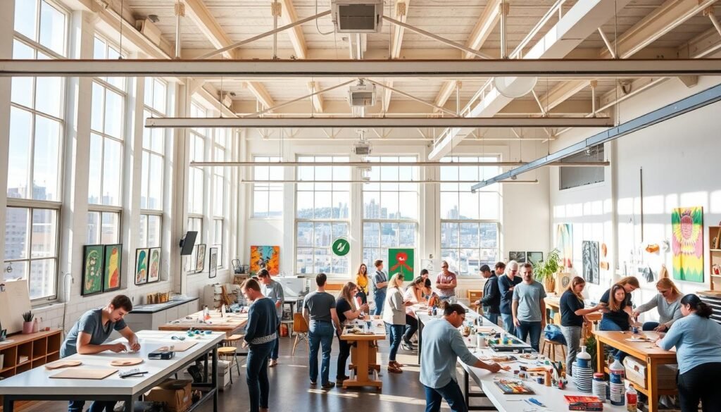 A vibrant, sun-drenched creative studio nestled in the heart of San Francisco. Vast, open-concept spaces filled with natural light, colorful artwork, and the hum of inspired makers. In the foreground, a group of friends collaborate at sleek workbenches, crafting unique handmade products. In the middle ground, an instructor leads a lively workshop, guiding participants as they explore new techniques. The background reveals an airy, industrial-chic ambiance, with high ceilings, exposed beams, and floor-to-ceiling windows offering sweeping city views. The atmosphere exudes a sense of creative energy, innovation, and community. A vibrant, sun-drenched creative studio nestled in the heart of San Francisco. Vast, open-concept spaces filled with natural light, colorful artwork, and the hum of inspired makers. In the foreground, a group of friends collaborate at sleek workbenches, crafting unique handmade products. In the middle ground, an instructor leads a lively workshop, guiding participants as they explore new techniques. The background reveals an airy, industrial-chic ambiance, with high ceilings, exposed beams, and floor-to-ceiling windows offering sweeping city views. The atmosphere exudes a sense of creative energy, innovation, and community.
