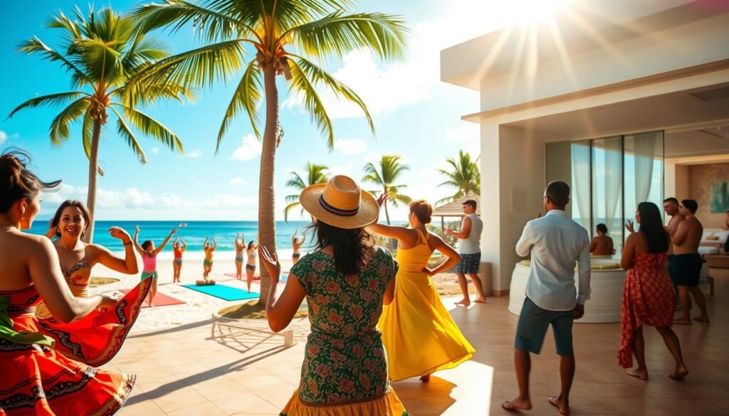 A vibrant, sun-drenched scene of a lively San Juan culture experience. In the foreground, a group of locals perform a passionate salsa dance, their colorful traditional costumes swirling gracefully. In the middle ground, a serene yoga session takes place on a pristine beach, surrounded by gently swaying palm trees. The background depicts a luxurious spa, where guests indulge in rejuvenating treatments, the tranquil atmosphere enhanced by the soft glow of natural lighting. The overall mood is one of joy, well-being, and the rich cultural heritage of this captivating Puerto Rican city. A vibrant, sun-drenched scene of a lively San Juan culture experience. In the foreground, a group of locals perform a passionate salsa dance, their colorful traditional costumes swirling gracefully. In the middle ground, a serene yoga session takes place on a pristine beach, surrounded by gently swaying palm trees. The background depicts a luxurious spa, where guests indulge in rejuvenating treatments, the tranquil atmosphere enhanced by the soft glow of natural lighting. The overall mood is one of joy, well-being, and the rich cultural heritage of this captivating Puerto Rican city.