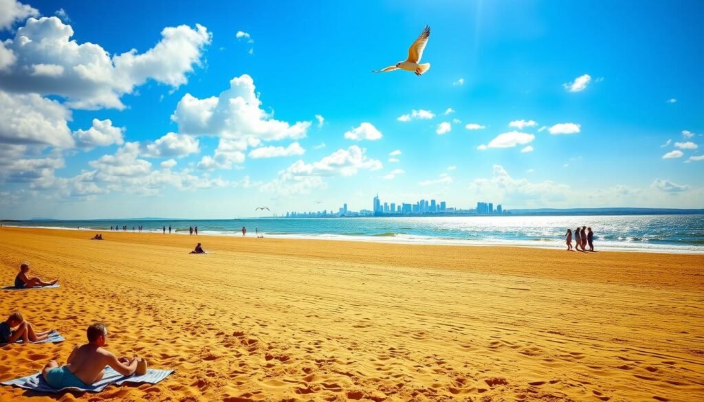 A wide, expansive beach of golden sand stretches out under a brilliant azure sky, dotted with fluffy white clouds. In the foreground, people relax on beach towels, building sandcastles and playing in the gentle waves lapping at the shore. Farther out, a small group of beachgoers stroll along the water's edge, their silhouettes framed against the breathtaking panorama of the Duluth skyline in the distance. Warm, golden sunlight filters through the scene, casting a serene, tranquil glow over the entire landscape. A pair of seagulls soar overhead, their graceful movements adding a touch of life to the peaceful, idyllic setting.