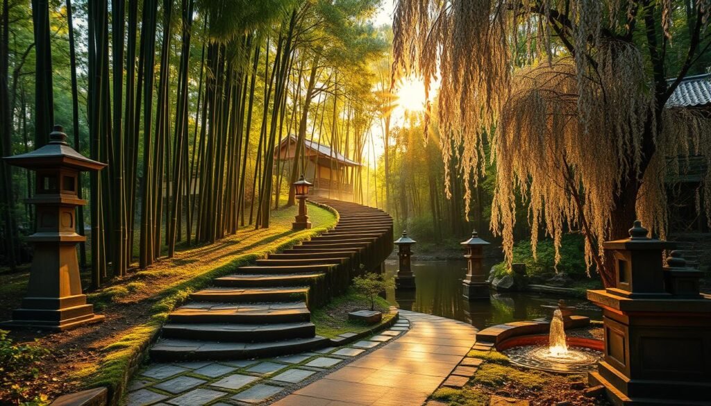 A winding path winds its way through a lush, verdant landscape, framed by towering bamboo groves and ancient stone lanterns. The sun filters through the canopy, casting a warm, golden glow on the weathered stone and mossy steps. Koi-filled ponds glisten nearby, their gentle ripples echoing the tranquil pace of the stroll. Weeping cherry blossoms dot the scene, their delicate petals drifting lazily on a light breeze. The atmosphere is one of contemplation and serenity, inviting the viewer to slow down and immerse themselves in the timeless beauty of this hallowed place.
