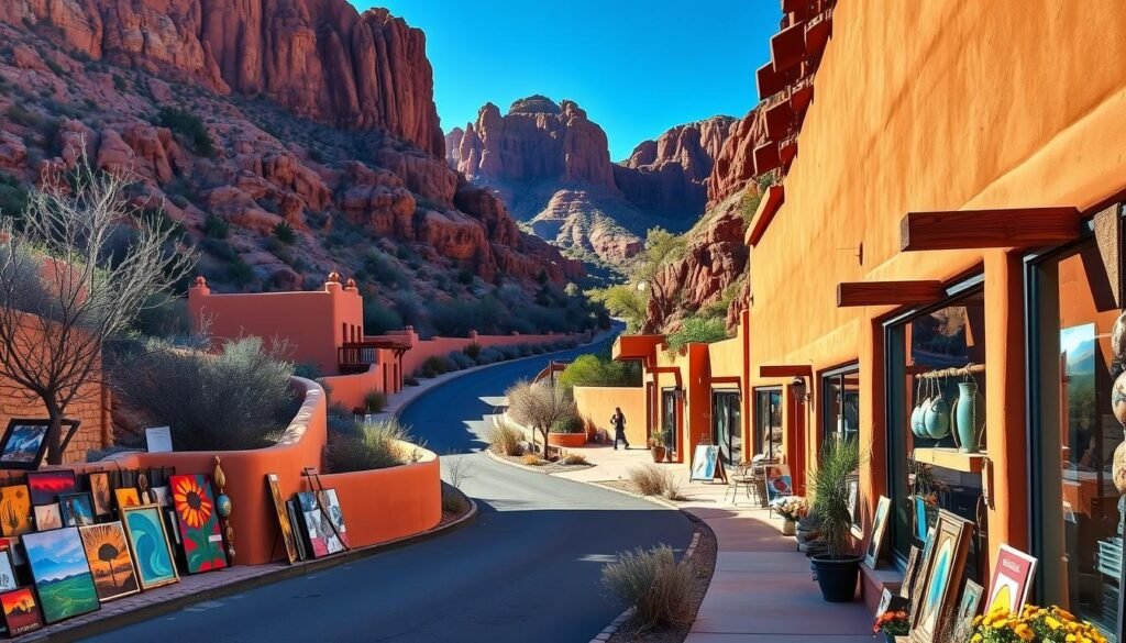 A winding, sun-dappled canyon road flanked by adobe-style galleries, their vibrant facades reflecting the warm Southwestern light. In the foreground, colorful local art spills onto the sidewalk, beckoning passersby. Ahead, the road curves around towering red-rock formations, their shadows casting a serene, meditative mood. Dotted along the route, artists' studios and workshops invite visitors to peek inside, observing the creative process at work. This iconic Santa Fe scene evokes the city's rich artistic heritage, a harmonious blend of natural wonder and human expression. A winding, sun-dappled canyon road flanked by adobe-style galleries, their vibrant facades reflecting the warm Southwestern light. In the foreground, colorful local art spills onto the sidewalk, beckoning passersby. Ahead, the road curves around towering red-rock formations, their shadows casting a serene, meditative mood. Dotted along the route, artists' studios and workshops invite visitors to peek inside, observing the creative process at work. This iconic Santa Fe scene evokes the city's rich artistic heritage, a harmonious blend of natural wonder and human expression.