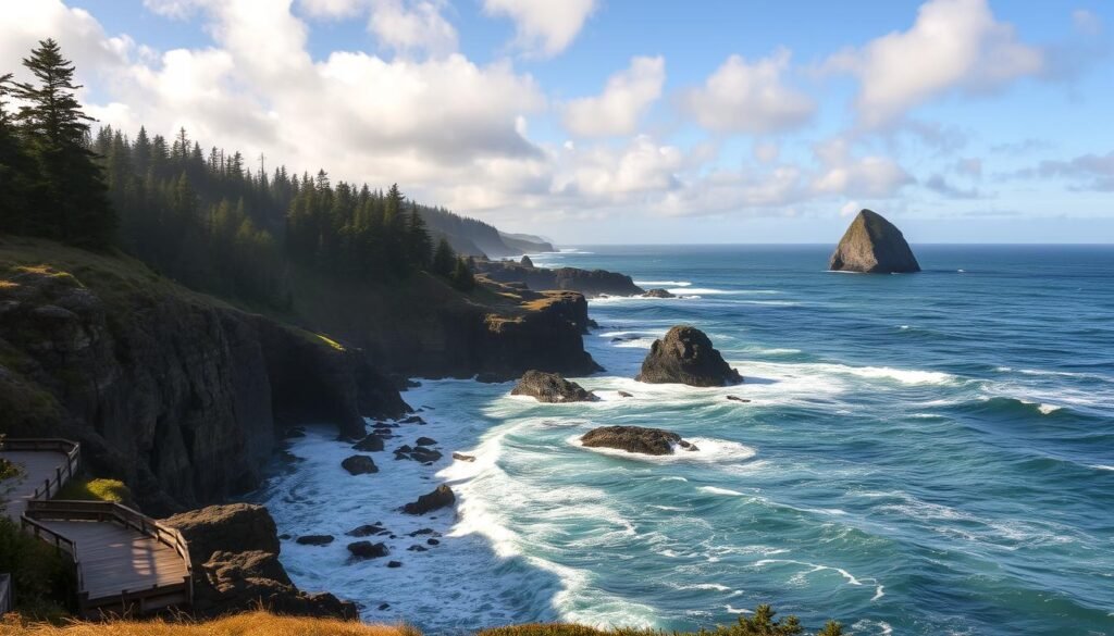 A windswept coastline along the Oregon shore, rugged cliffs and rocky outcrops jutting into the churning Pacific. Waves crash against the weathered basalt, sending up plumes of white spray. Lush evergreen forests line the horizon, their emerald hues contrasting with the deep azure of the sea. Warm sunlight filters through scattered clouds, casting a golden glow over the scene. In the distance, the iconic silhouette of Cape Perpetua rises, its craggy headland a testament to the power of nature. A tranquil footpath winds along the clifftops, offering sweeping vistas of this majestic, unspoiled landscape.