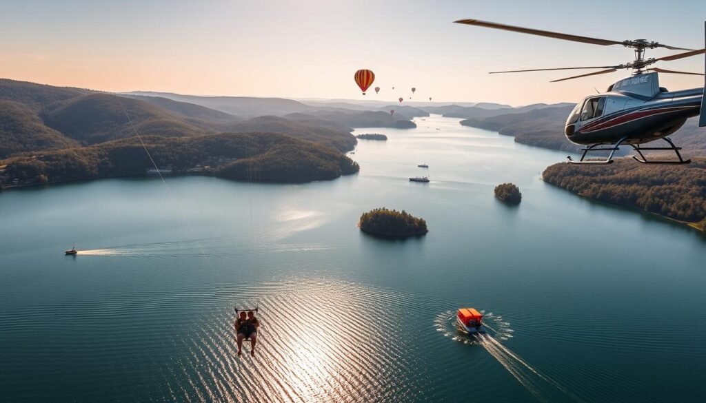 Aerial view of the picturesque Lake George, New York, captured with a high-resolution camera and a wide-angle lens. The tranquil lake is surrounded by rolling hills and lush forests, creating a serene and picturesque landscape. In the foreground, parasailing enthusiasts soar gracefully above the azure waters, while in the middle ground, elegant gondolas glide across the lake. In the distance, colorful hot air balloons drift lazily through the sky, and a helicopter hovers, offering a bird's-eye view of the stunning natural beauty below. The scene is bathed in warm, golden sunlight, creating a sense of serenity and tranquility.