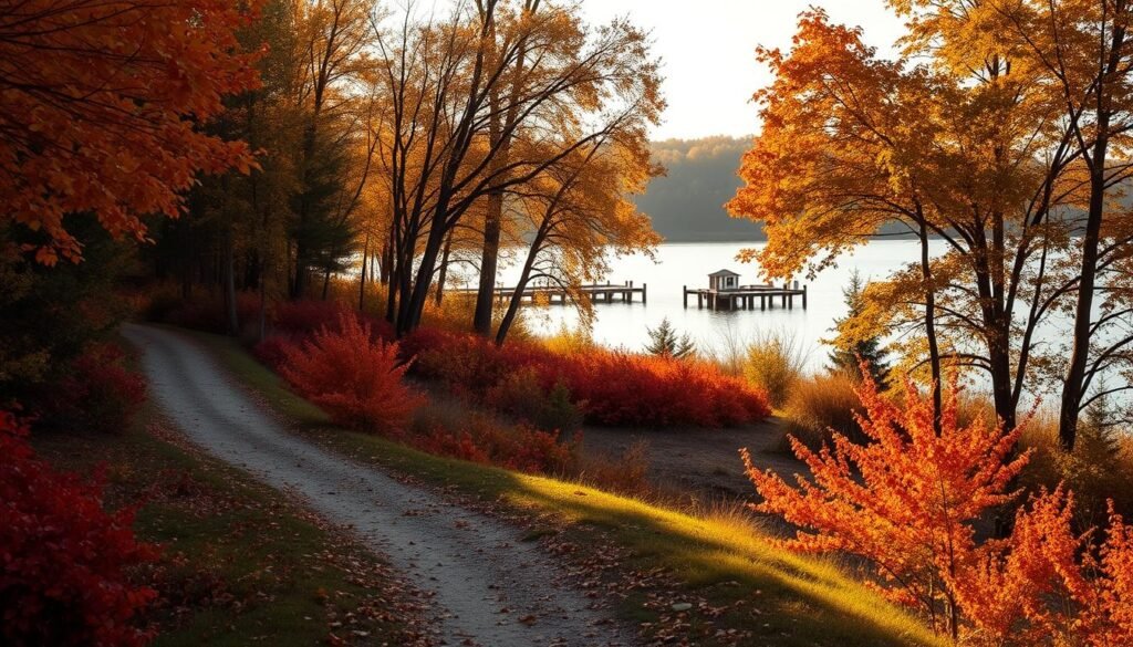 An autumnal landscape along the shores of a serene Midwestern lake, with vibrant foliage in shades of red, orange, and yellow lining the shoreline and reflecting in the calm waters. A winding path leads through the trees, inviting exploration, as soft, warm lighting filters through the canopy, creating a cozy, nostalgic atmosphere. In the distance, a wooden dock or pier juts out into the lake, hinting at the lakeside charm of the scene. The overall composition emphasizes the natural beauty and tranquility of the Midwest in the fall, capturing the essence of a quintessential leaf-peeping destination.