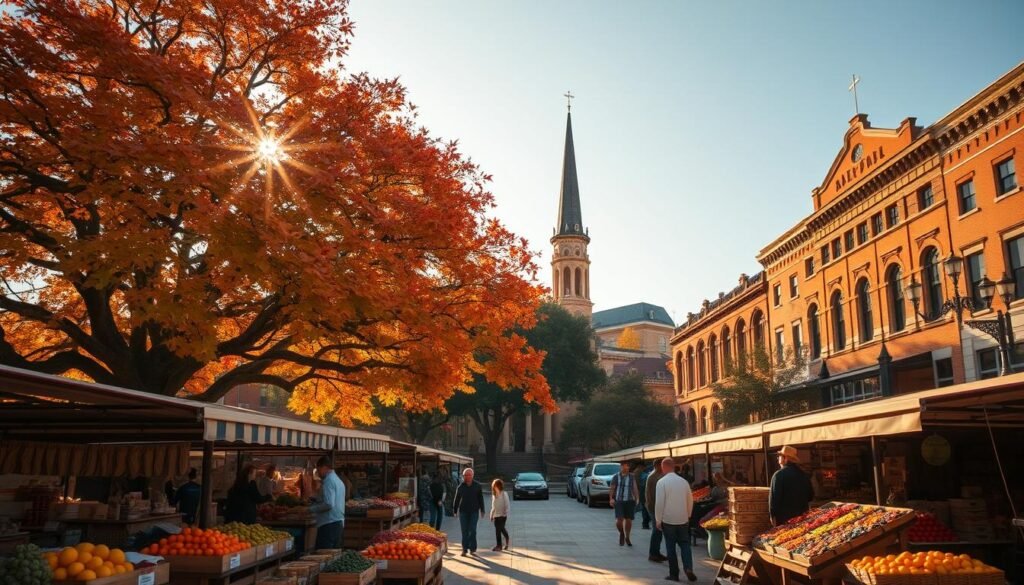 An autumnal town square in Dallas, Texas, bathed in warm, golden sunlight. In the foreground, a bustling farmer's market with an array of seasonal produce, artisanal crafts, and local food vendors. In the middle ground, a towering oak tree sheds its vibrant orange and red leaves, creating a colorful canopy over the scene. In the background, historic buildings and a church steeple stand as a backdrop, hinting at the city's rich heritage. The atmosphere is lively, festive, and inviting, capturing the essence of Dallas's seasonal events and festivals. An autumnal town square in Dallas, Texas, bathed in warm, golden sunlight. In the foreground, a bustling farmer's market with an array of seasonal produce, artisanal crafts, and local food vendors. In the middle ground, a towering oak tree sheds its vibrant orange and red leaves, creating a colorful canopy over the scene. In the background, historic buildings and a church steeple stand as a backdrop, hinting at the city's rich heritage. The atmosphere is lively, festive, and inviting, capturing the essence of Dallas's seasonal events and festivals.