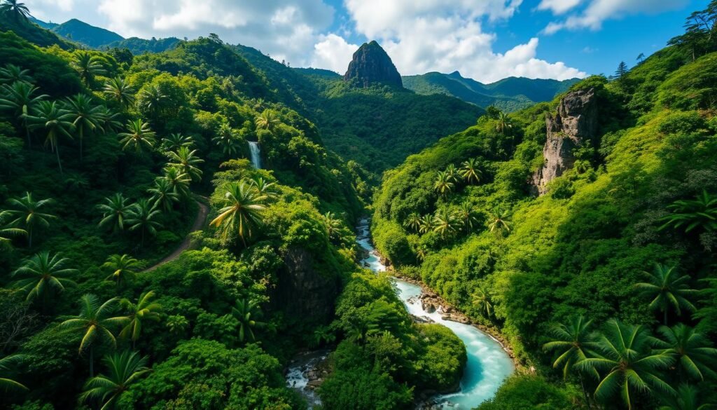An awe-inspiring tropical rainforest, El Yunque National Forest in Puerto Rico. Dense, lush vegetation covers the rolling hills, with towering palm trees and vibrant ferns reaching towards the sky. Sunlight filters through the canopy, casting a warm glow over the winding trails and cascading waterfalls. In the foreground, a crystal-clear river winds its way through the landscape, its gentle currents reflecting the surrounding natural beauty. Rugged cliffs and rocky outcroppings rise in the distance, adding depth and dimension to the scene. The overall atmosphere is one of tranquility and wonder, inviting visitors to immerse themselves in the serene, verdant splendor of this unique natural wonder. An awe-inspiring tropical rainforest, El Yunque National Forest in Puerto Rico. Dense, lush vegetation covers the rolling hills, with towering palm trees and vibrant ferns reaching towards the sky. Sunlight filters through the canopy, casting a warm glow over the winding trails and cascading waterfalls. In the foreground, a crystal-clear river winds its way through the landscape, its gentle currents reflecting the surrounding natural beauty. Rugged cliffs and rocky outcroppings rise in the distance, adding depth and dimension to the scene. The overall atmosphere is one of tranquility and wonder, inviting visitors to immerse themselves in the serene, verdant splendor of this unique natural wonder.