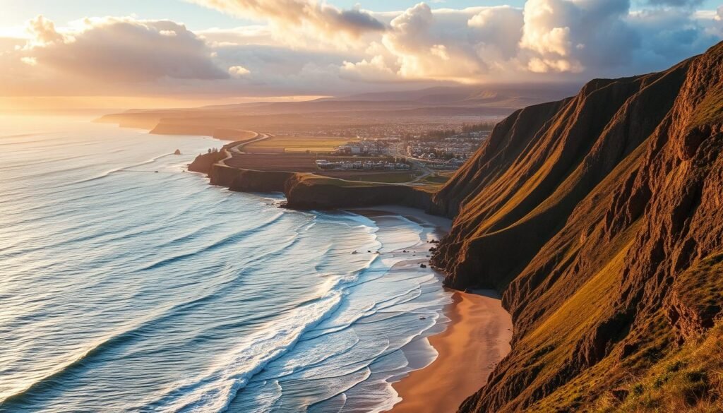 An expansive coastal landscape along the rugged Oregon shoreline, with majestic cliffsides framing a picturesque stretch of sandy beach. In the foreground, the sun's rays dance across the rippling waves, casting a warm, golden glow. In the middle ground, a winding coastal highway winds its way between the cliffs and the ocean, leading to a charming seaside town in the distance. The background is dominated by a dramatic skyline, with billowing clouds tinged with hues of orange and pink, creating a serene and tranquil atmosphere. Capture the essence of Oregon's breathtaking natural beauty, as if through the lens of a skilled landscape photographer.
