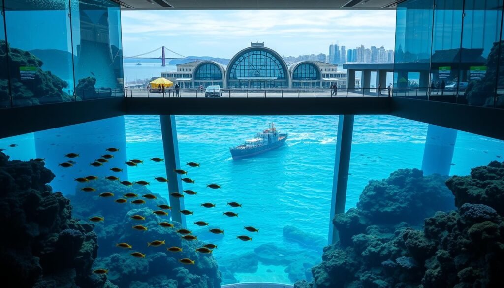 An expansive indoor aquarium situated along San Francisco's historic Fisherman's Wharf, showcasing a vibrant underwater world. The foreground features schools of colorful tropical fish gracefully swimming amid lush coral reefs, illuminated by soft natural light filtering through the towering glass tanks. The middle ground presents a large viewing window overlooking the iconic Pier 39 and the gently rolling waves of the San Francisco Bay. In the background, the distinctive architecture of the Aquarium of the Bay blends seamlessly with the urban landscape, creating a captivating fusion of nature and city. The overall atmosphere evokes a sense of wonder and tranquility, inviting visitors to immerse themselves in the enchanting marine life. An expansive indoor aquarium situated along San Francisco's historic Fisherman's Wharf, showcasing a vibrant underwater world. The foreground features schools of colorful tropical fish gracefully swimming amid lush coral reefs, illuminated by soft natural light filtering through the towering glass tanks. The middle ground presents a large viewing window overlooking the iconic Pier 39 and the gently rolling waves of the San Francisco Bay. In the background, the distinctive architecture of the Aquarium of the Bay blends seamlessly with the urban landscape, creating a captivating fusion of nature and city. The overall atmosphere evokes a sense of wonder and tranquility, inviting visitors to immerse themselves in the enchanting marine life.
