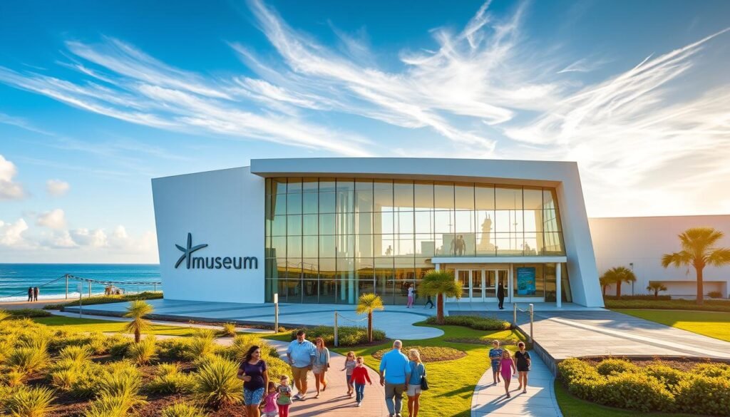 An expansive, modern museum set against the backdrop of a vibrant, coastal landscape in Cocoa Beach, Florida. The facade features clean, angular architecture with large windows that let in natural light, framing the stunning view of the nearby Atlantic Ocean. The museum's exterior is adorned with minimalist signage and landscaping that complements the serene, beachy atmosphere. In the foreground, families stroll along the manicured pathways, exploring the museum's interactive exhibits and displays. The scene is illuminated by warm, golden sunlight filtering through wispy clouds, creating a welcoming, inviting ambiance perfect for a day of family-friendly exploration and discovery. An expansive, modern museum set against the backdrop of a vibrant, coastal landscape in Cocoa Beach, Florida. The facade features clean, angular architecture with large windows that let in natural light, framing the stunning view of the nearby Atlantic Ocean. The museum's exterior is adorned with minimalist signage and landscaping that complements the serene, beachy atmosphere. In the foreground, families stroll along the manicured pathways, exploring the museum's interactive exhibits and displays. The scene is illuminated by warm, golden sunlight filtering through wispy clouds, creating a welcoming, inviting ambiance perfect for a day of family-friendly exploration and discovery.