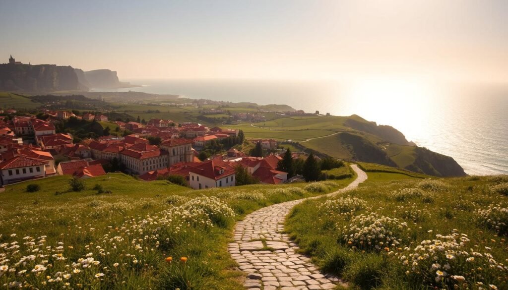 An expansive vista of Portugal's iconic rolling hills, dotted with terracotta-roofed villages and ancient castles, bathed in warm golden light. In the foreground, a winding cobblestone path leads the eye through a lush, flower-filled meadow, inviting the viewer to explore. Towering cliffs and the shimmering Atlantic Ocean form the breathtaking backdrop, capturing the essence of Portugal's captivating natural beauty. The scene radiates a sense of timeless serenity, evoking a desire to immerse oneself in the country's rich history and culture. This idyllic landscape, captured through a wide-angle lens, perfectly encapsulates the allure that drew me to fall in love with the wonder that is Portugal.