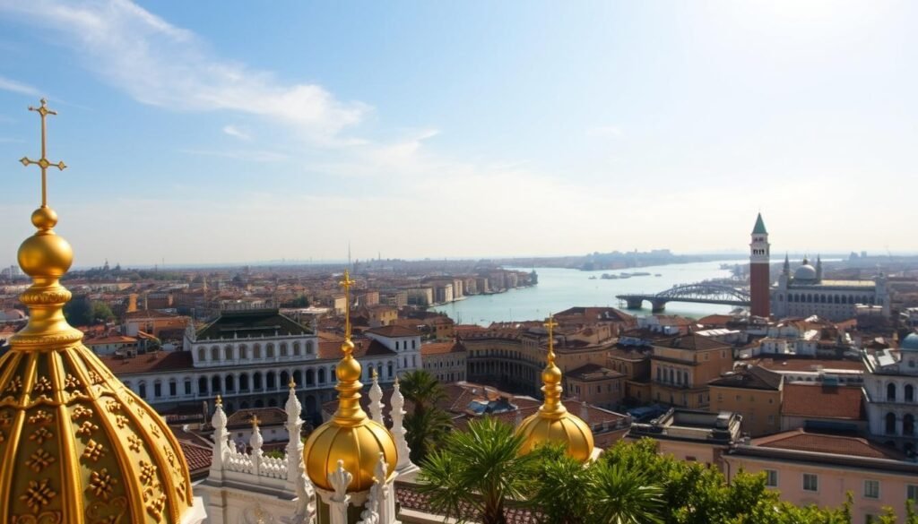 An expansive vista of Venice's iconic skyline, captured from the vantage point of a sun-dappled rooftop terrace. In the foreground, the ornate domes and spires of St. Mark's Basilica rise majestically, their gilded surfaces glimmering in the warm afternoon light. Beyond, the serene waters of the Grand Canal wind through the heart of the city, flanked by a tapestry of historic buildings and bell towers that soar skyward. In the distance, the elegant Accademia Bridge frames a captivating perspective, inviting the viewer to lose themselves in the timeless beauty of this enchanting Venetian scene.