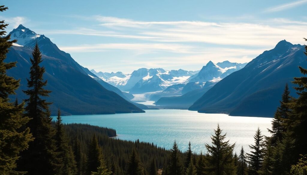 An expansive vista of the Chugach Mountains, their rugged peaks jutting skyward against a backdrop of pristine blue skies. In the foreground, a glittering expanse of Turnagain Arm, its turquoise waters gently lapping against the shoreline. Lush evergreen forests flank the scene, casting dappled shadows across the landscape. The warm glow of the afternoon sun illuminates the scene, creating a sense of tranquility and adventure. Dramatic rock formations and towering glaciers stand as silent sentinels, inviting the viewer to explore this untamed wilderness. A wide-angle lens captures the grandeur of this remarkable Alaskan landscape, showcasing the natural beauty that defines Chugach State Park.