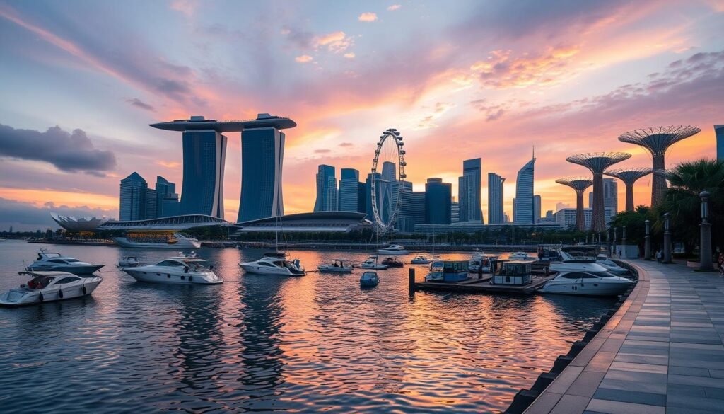 An expansive waterfront promenade overlooking the iconic Marina Bay skyline. In the foreground, a tranquil bay dotted with sleek yachts and small boats, their reflections rippling on the calm waters. The middle ground features the dramatic architectural masterpieces of Marina Bay Sands, its towering hotel and cascading gardens. In the background, the Singapore Flyer ferris wheel and the futuristic Supertree Grove rise against a vibrant evening sky, illuminated by the warm glow of sunset. The scene is bathed in a soft, golden light, creating a serene and enchanting atmosphere.
