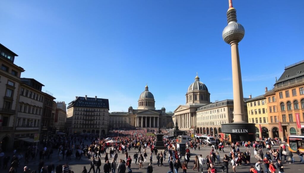An iconic Berlin day, a bustling Alexanderplatz square in the foreground, with the towering Fernsehturm television tower casting a long shadow over the bustling crowds and vibrant street life below. In the middle ground, the historic architecture of the Rotes Rathaus city hall and the grand Berliner Dom cathedral create a striking silhouette against a clear, azure sky. The warm, golden light of the sun filters through, illuminating the scene with a sense of energy and vitality. The camera captures a wide, panoramic view, inviting the viewer to immerse themselves in the dynamic heart of this remarkable city.