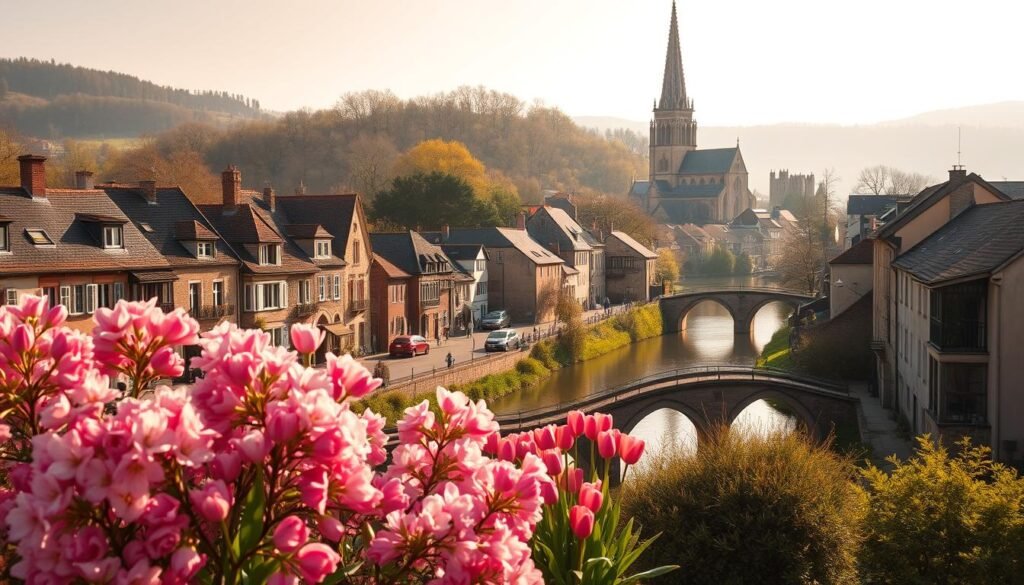 An idyllic European village nestled among rolling hills, its quaint houses and cobblestone streets awash in the soft, golden glow of spring light. In the foreground, a charming town square bursts with vibrant blooms - fragrant cherry blossoms, delicate tulips, and lush, verdant foliage. The middle ground features a picturesque canal lined with ancient stone bridges, its tranquil waters reflecting the surrounding springtime beauty. In the distance, a magnificent cathedral spire soars, its weathered facade bathed in a warm, hazy atmosphere. This serene, quintessentially European scene conveys the magic and romance of the continent in full spring bloom.