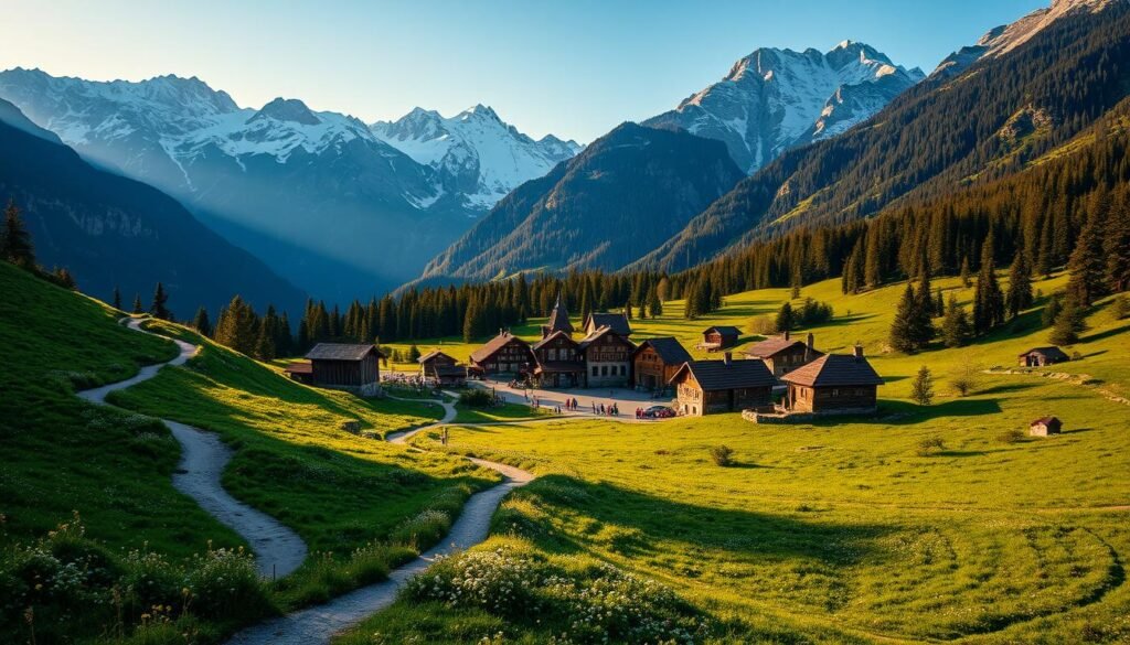 An idyllic mountain village nestled among majestic, snow-capped peaks, bathed in warm, golden sunlight. In the foreground, a winding hiking trail leads through lush, verdant meadows dotted with wildflowers. In the middle ground, quaint, stone-and-timber cottages with red-tiled roofs cluster around a central square, where locals gather. In the background, towering mountains rise, their rugged slopes covered in a patchwork of evergreen forests and rocky outcroppings. A sense of peace and tranquility pervades the scene, inviting the viewer to explore this picturesque haven for hikers and mountain enthusiasts.