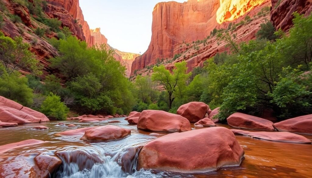 An idyllic scene of Slide Rock Oak Creek Canyon, Sedona, Arizona. In the foreground, a crystal clear stream cascades over smooth, red rock formations, inviting visitors to cool off on a hot day. The middle ground showcases lush, verdant foliage lining the canyon walls, creating a natural oasis. In the background, towering sandstone cliffs rise majestically, their warm hues basking in the soft, golden light of the Arizona sun. The atmosphere is serene, peaceful, and rejuvenating, perfectly capturing the essence of a family-friendly outdoor adventure. An idyllic scene of Slide Rock Oak Creek Canyon, Sedona, Arizona. In the foreground, a crystal clear stream cascades over smooth, red rock formations, inviting visitors to cool off on a hot day. The middle ground showcases lush, verdant foliage lining the canyon walls, creating a natural oasis. In the background, towering sandstone cliffs rise majestically, their warm hues basking in the soft, golden light of the Arizona sun. The atmosphere is serene, peaceful, and rejuvenating, perfectly capturing the essence of a family-friendly outdoor adventure.