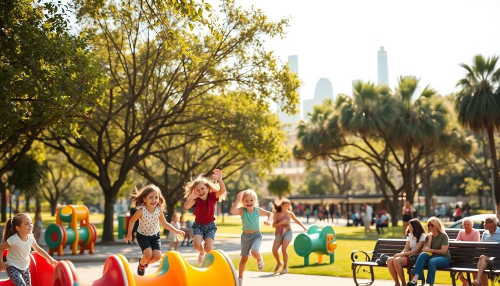 An idyllic urban playground, a vibrant oasis in the heart of Los Angeles. In the foreground, joyful children frolic on colorful play structures, their laughter filling the air. Overhead, a canopy of lush trees casts dappled shadows, creating a serene, natural ambiance. The middle ground features families gathered on park benches, enjoying the sunshine and each other's company. In the background, the iconic skyline of Los Angeles rises, a testament to the city's dynamic energy. The scene is bathed in warm, golden light, evoking a sense of comfort and community. A lens with a shallow depth of field blurs the background, keeping the focus on the children's carefree play. This image captures the essence of discovering top-rated kids' attractions near you, where moments of joy and connection are seamlessly woven into the urban landscape. An idyllic urban playground, a vibrant oasis in the heart of Los Angeles. In the foreground, joyful children frolic on colorful play structures, their laughter filling the air. Overhead, a canopy of lush trees casts dappled shadows, creating a serene, natural ambiance. The middle ground features families gathered on park benches, enjoying the sunshine and each other's company. In the background, the iconic skyline of Los Angeles rises, a testament to the city's dynamic energy. The scene is bathed in warm, golden light, evoking a sense of comfort and community. A lens with a shallow depth of field blurs the background, keeping the focus on the children's carefree play. This image captures the essence of discovering top-rated kids' attractions near you, where moments of joy and connection are seamlessly woven into the urban landscape.